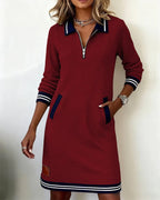 Robe Coton Mélangé Manches Longues Col Revers Fermeture Éclair Poches Femme Casual Chic Automne Hiver Quotidien – Céliane