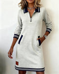 Robe Coton Mélangé Manches Longues Col Revers Fermeture Éclair Poches Femme Casual Chic Automne Hiver Quotidien – Céliane