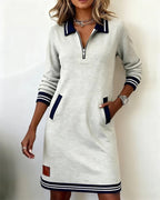 Robe Coton Mélangé Manches Longues Col Revers Fermeture Éclair Poches Femme Casual Chic Automne Hiver Quotidien – Céliane