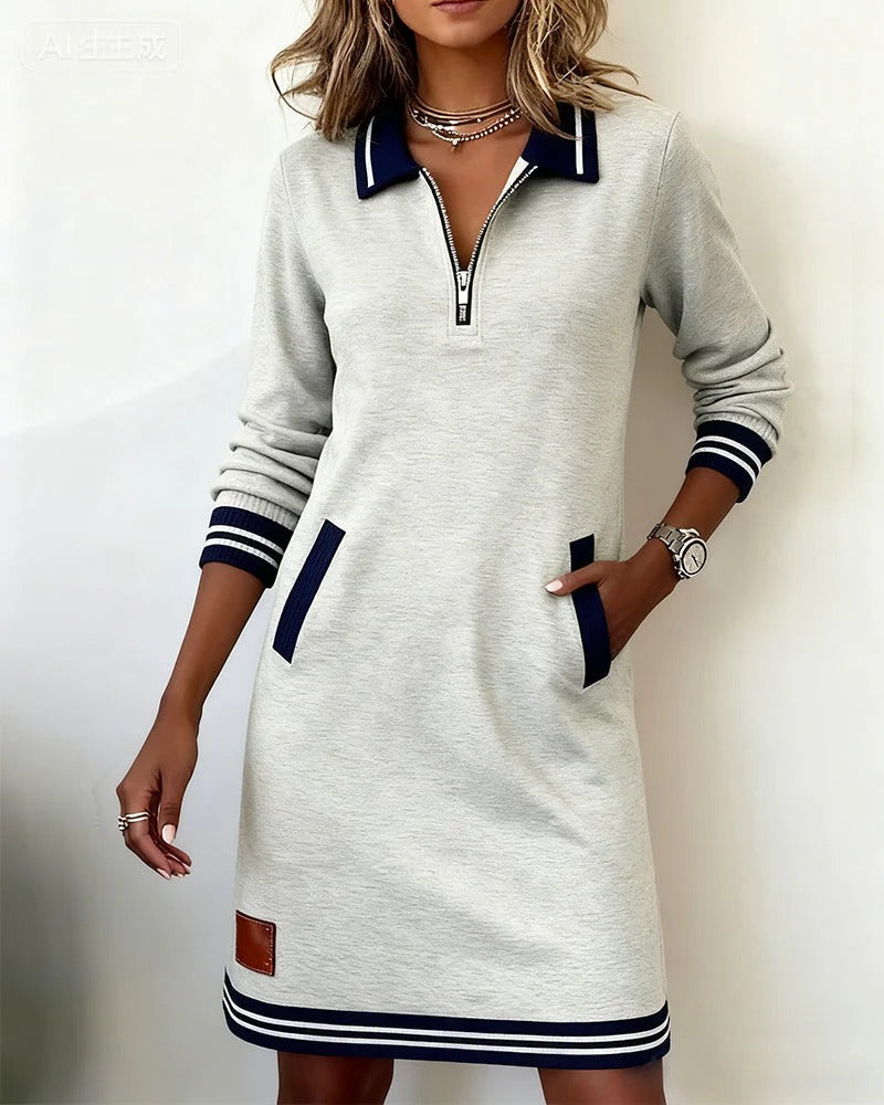 Robe Coton Mélangé Manches Longues Col Revers Fermeture Éclair Poches Femme Casual Chic Automne Hiver Quotidien – Céliane