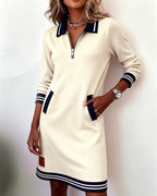 Robe Coton Mélangé Manches Longues Col Revers Fermeture Éclair Poches Femme Casual Chic Automne Hiver Quotidien – Céliane