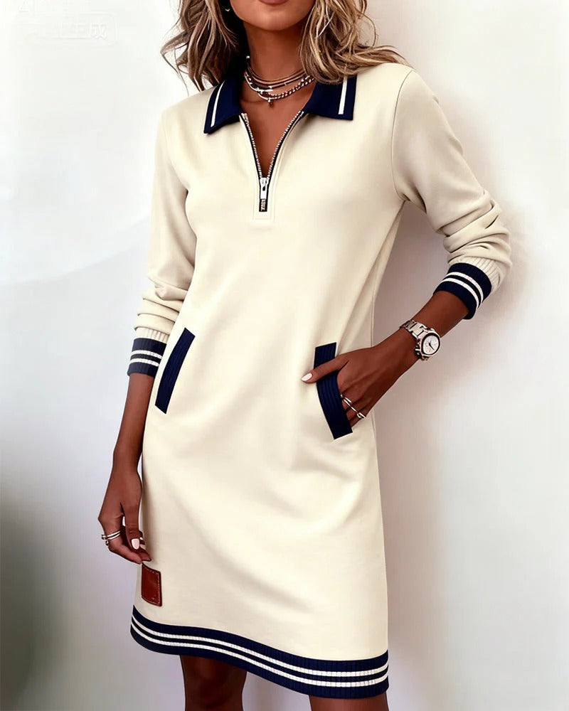 Robe Coton Mélangé Manches Longues Col Revers Fermeture Éclair Poches Femme Casual Chic Automne Hiver Quotidien – Céliane