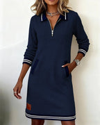 Robe Coton Mélangé Manches Longues Col Revers Fermeture Éclair Poches Femme Casual Chic Automne Hiver Quotidien – Céliane