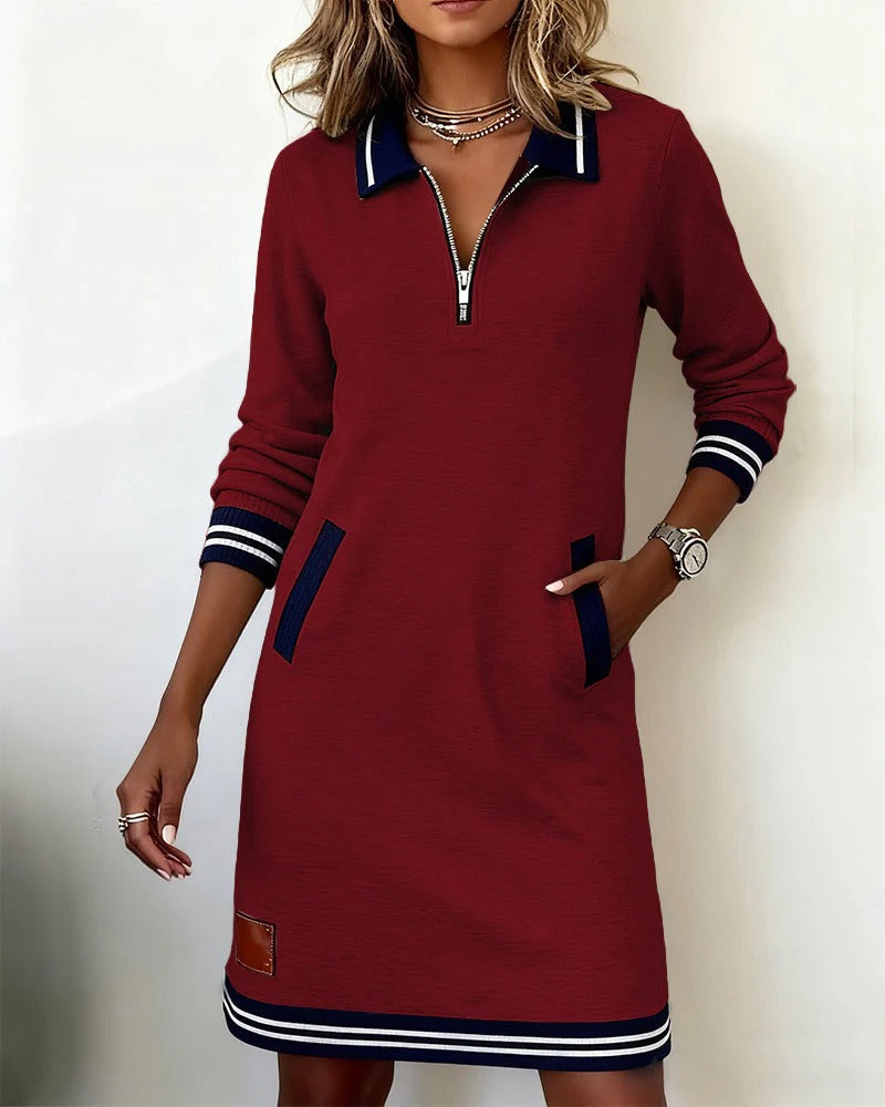 Robe Coton Mélangé Manches Longues Col Revers Fermeture Éclair Poches Femme Casual Chic Automne Hiver Quotidien – Céliane