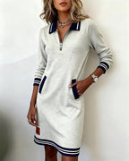 Robe Coton Mélangé Manches Longues Col Revers Fermeture Éclair Poches Femme Casual Chic Automne Hiver Quotidien – Céliane