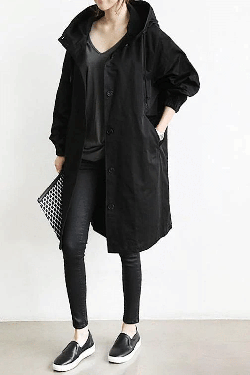 Imperméable Femme à Capuche Boutons Coupe Longue Trench Pluie Casual - Hiverline
