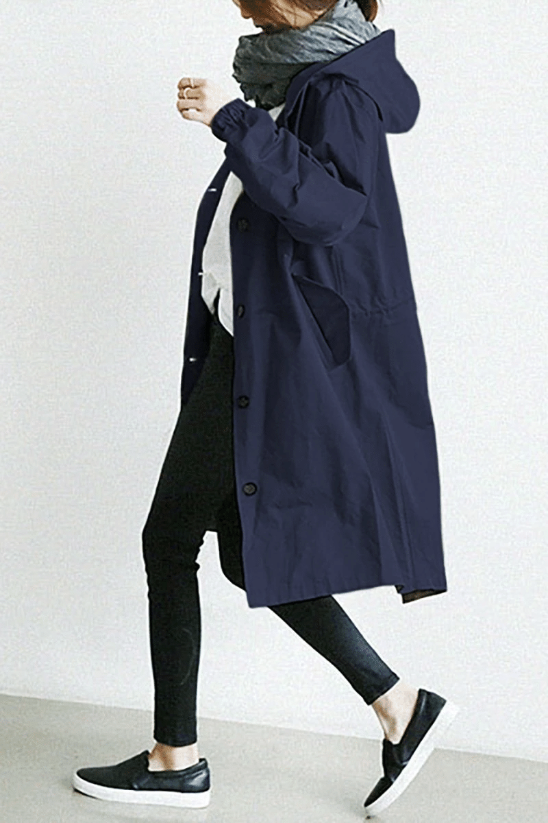 Imperméable Femme à Capuche Boutons Coupe Longue Trench Pluie Casual - Hiverline