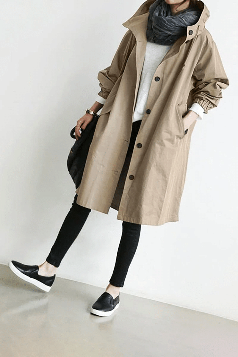 Imperméable Femme à Capuche Boutons Coupe Longue Trench Pluie Casual - Hiverline
