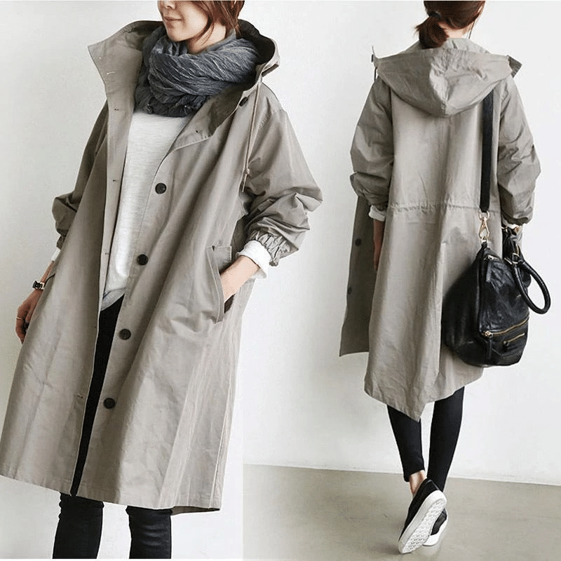 Imperméable Femme à Capuche Boutons Coupe Longue Trench Pluie Casual - Hiverline