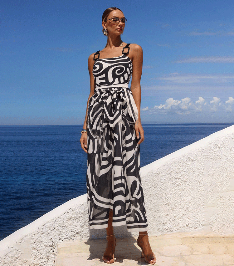 Maillot de bain une pièce à imprimé tribal pour femmes & ensemble jupe longue à bretelles réglables – Noir & Blanc