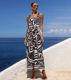 Maillot de bain une pièce à imprimé tribal pour femmes & ensemble jupe longue à bretelles réglables – Noir & Blanc