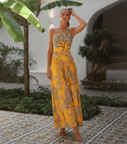 Ensemble Maillot de Bain Une Pièce Épaule Dénudée Imprimé Floral Tropical Jaune Jupe Longue Plage Resort Vacances – Soleiha