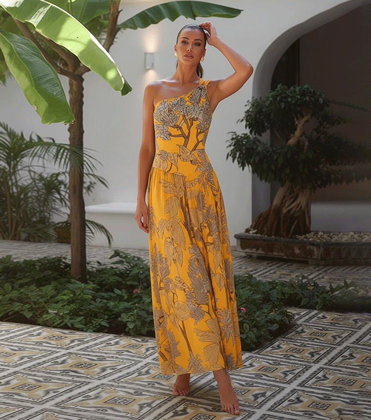 Ensemble Maillot de Bain Une Pièce Épaule Dénudée Imprimé Floral Tropical Jaune Jupe Longue Plage Resort Vacances – Soleiha