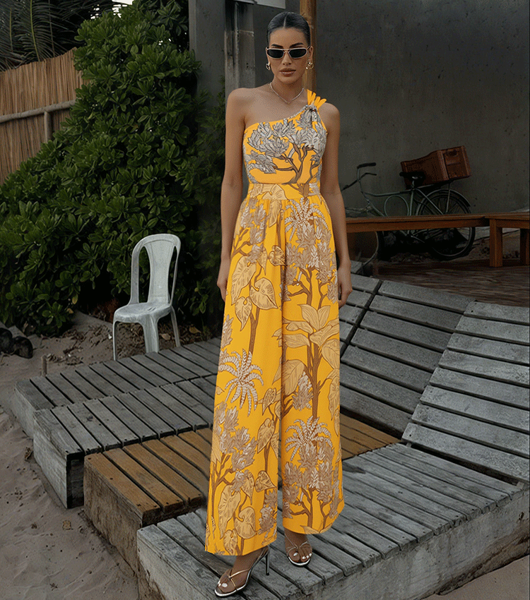 Ensemble Maillot de Bain Une Pièce Épaule Dénudée Imprimé Floral Tropical Jaune Jupe Longue Plage Resort Vacances – Soleiha