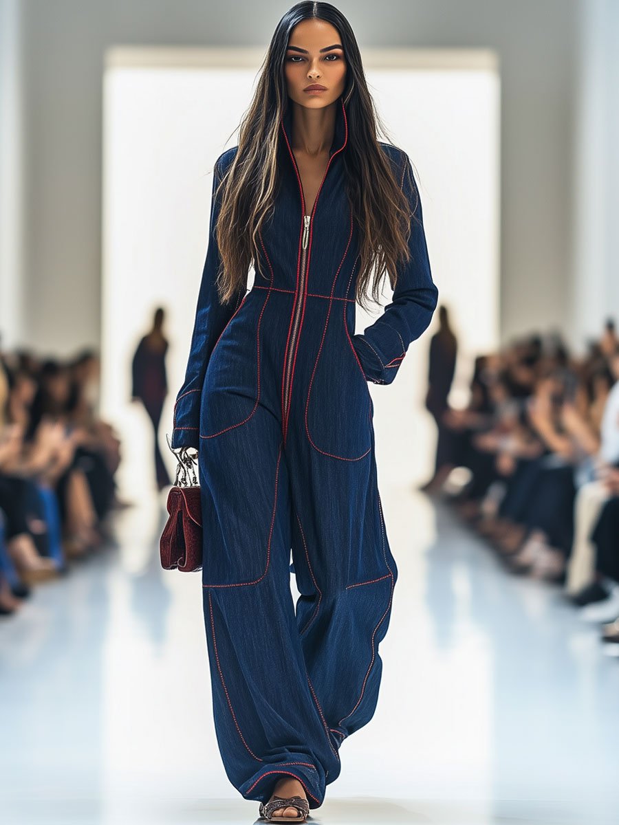 Salopette en Jean Décontractée Femme Retro à Col avec Surpiqûres Rouges et Poches à Jambe Large – Bleu