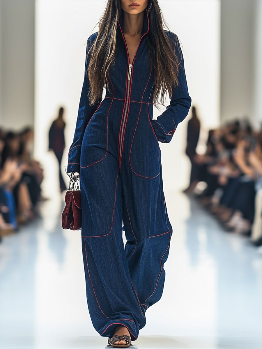 Salopette en Jean Décontractée Femme Retro à Col avec Surpiqûres Rouges et Poches à Jambe Large – Bleu