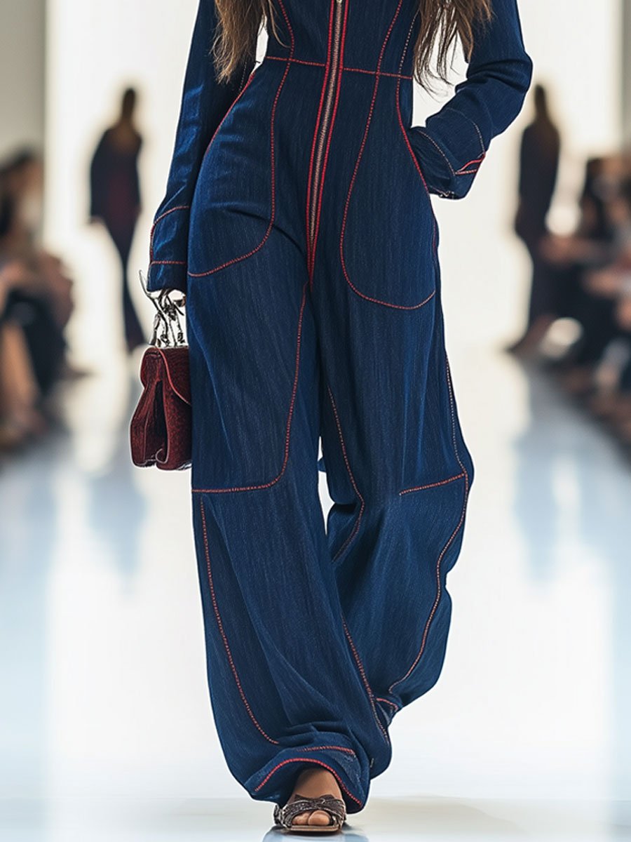 Salopette en Jean Décontractée Femme Retro à Col avec Surpiqûres Rouges et Poches à Jambe Large – Bleu