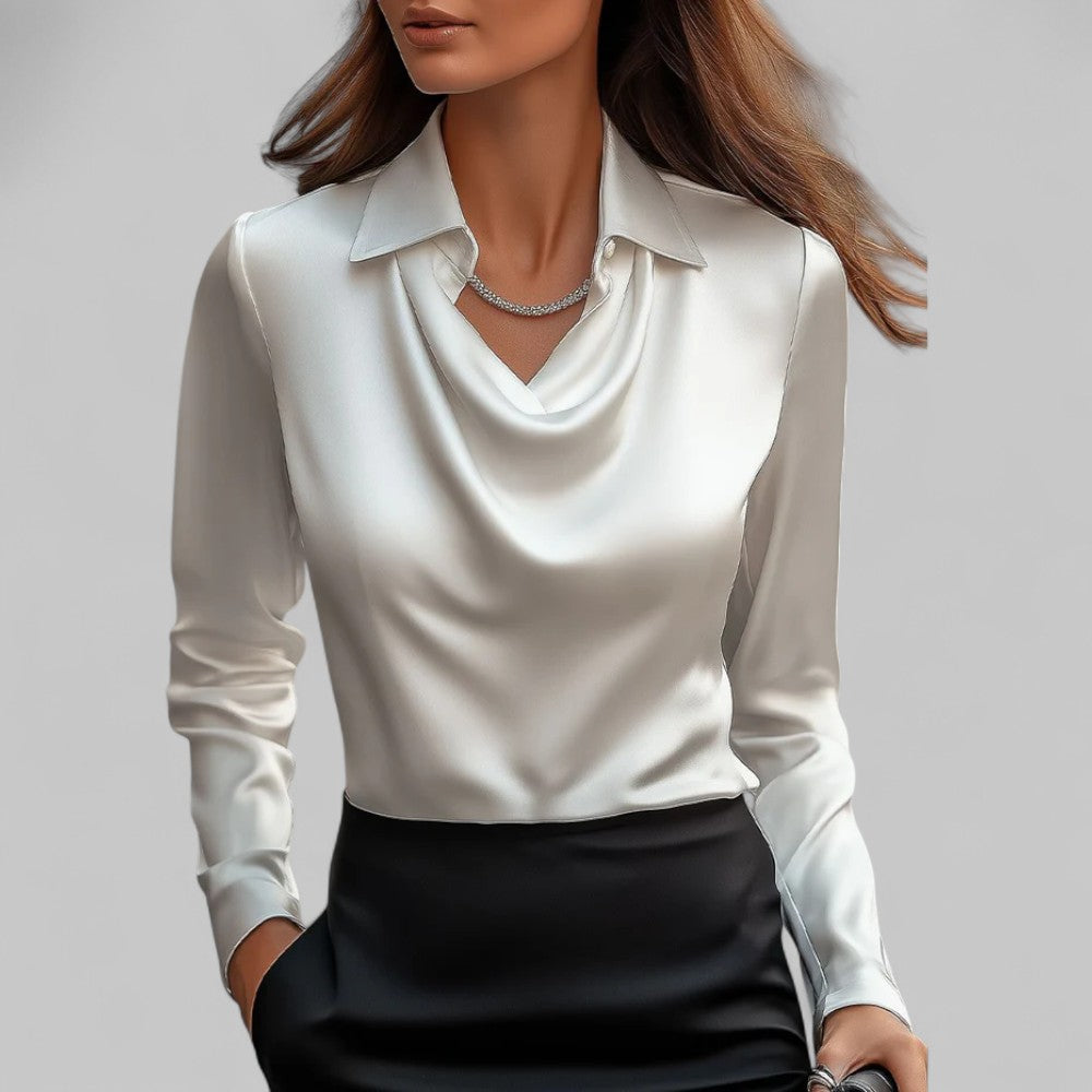 Blouse en Satin Drapé à Col Bateau à Manches Longues pour Femmes Bureau Soirée Élégante Silky Formelle – Rose