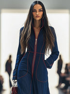 Salopeta de mezclilla casual para mujer estilo retro con cuello y costuras rojas, bolsillos en pierna ancha – Azul