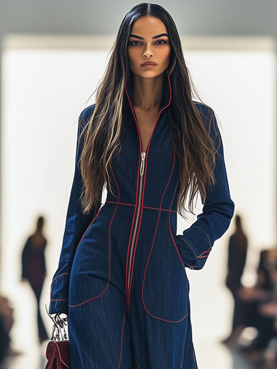 Salopette en Jean Décontractée Femme Retro à Col avec Surpiqûres Rouges et Poches à Jambe Large – Bleu