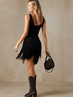 Robe Mini Sans Manches en Suédine Synthétique avec Franges et Tassels Western Rétro pour Femmes – Noir
