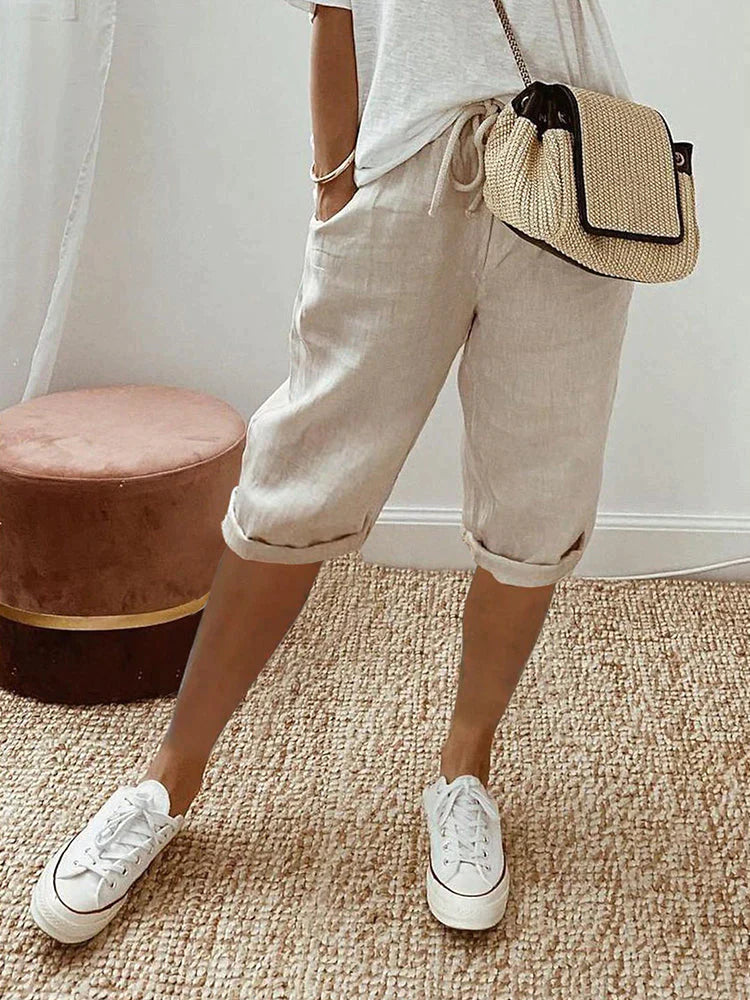 Damen Shorts aus Baumwolle und Leinen, mittellang, leger, leicht, atmungsaktiv, casual, schick, entspannt, Spaziergang, Sommerausflug, Urlaub – Linotine