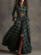 Robe longue décontractée à carreaux ethniques rétro pour femmes avec col, ceinture et manches longues – Marron rougeâtre