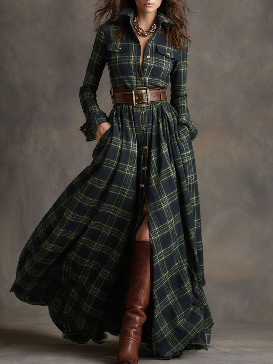 Robe longue décontractée à carreaux ethniques rétro pour femmes avec col, ceinture et manches longues – Marron rougeâtre