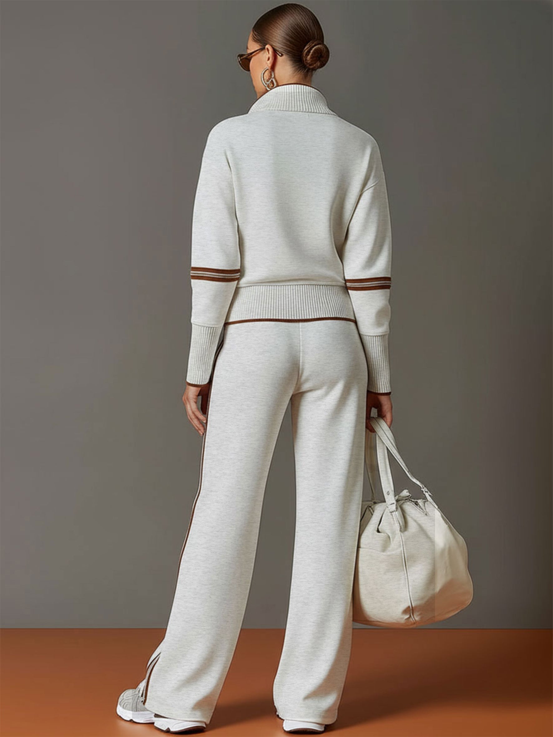 Ensemble Sportif Rétro Femme en Deux Pièces Sweat-Shirt à Demi-Zip Pantalons à Jambes Larges à Rayures – Gris Blanc