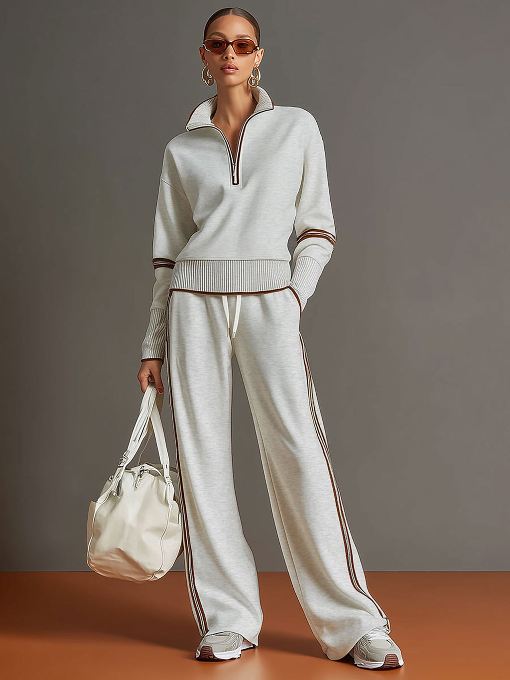 Retro sportieve dames set in twee delen, halve rits sweater, wijde broek met strepen – Grijs wit