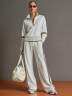 Retro sportieve dames set in twee delen, halve rits sweater, wijde broek met strepen – Grijs wit