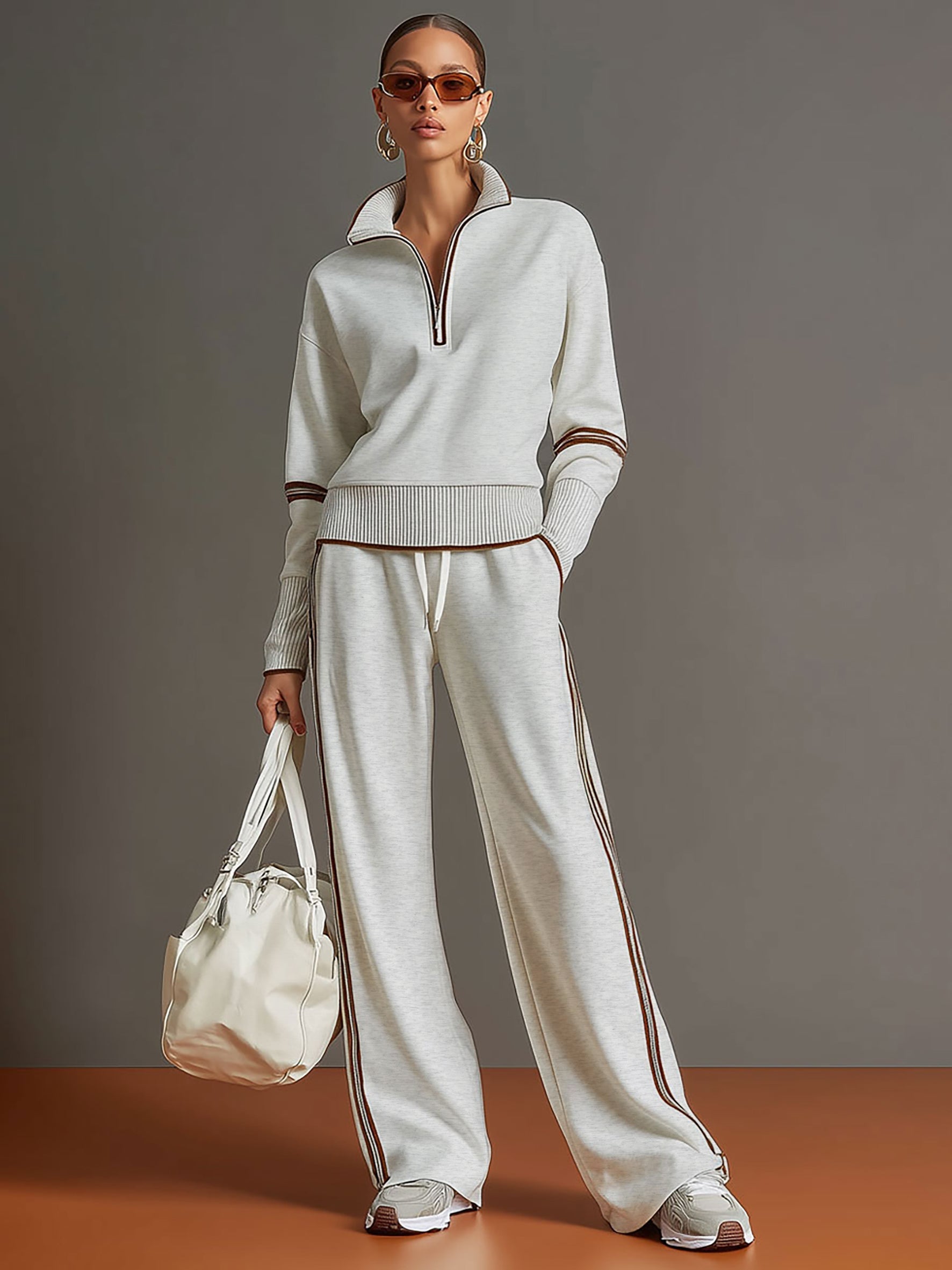 Ensemble Sportif Rétro Femme en Deux Pièces Sweat-Shirt à Demi-Zip Pantalons à Jambes Larges à Rayures – Gris Blanc