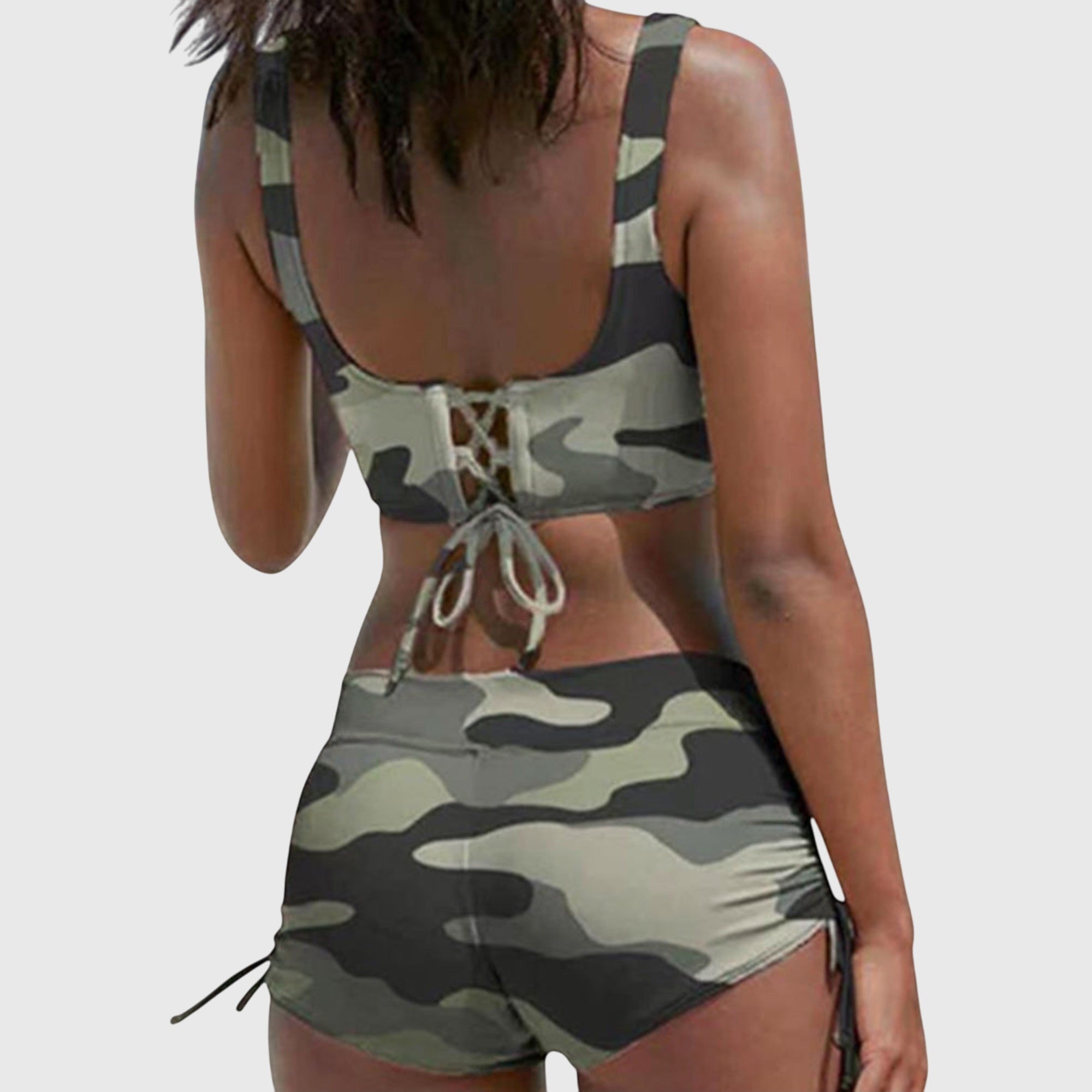 Maillot de Bain Deux Pièces Femme Camouflage Haut Croisé Short Froncé Plage Piscine - Hiverline