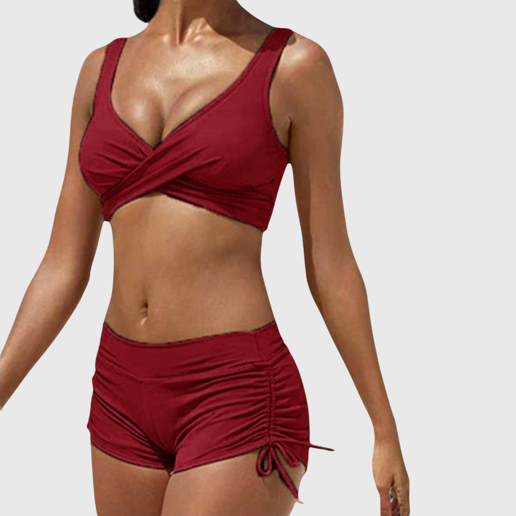 Maillot de Bain Deux Pièces Femme Camouflage Haut Croisé Short Froncé Plage Piscine - Hiverline