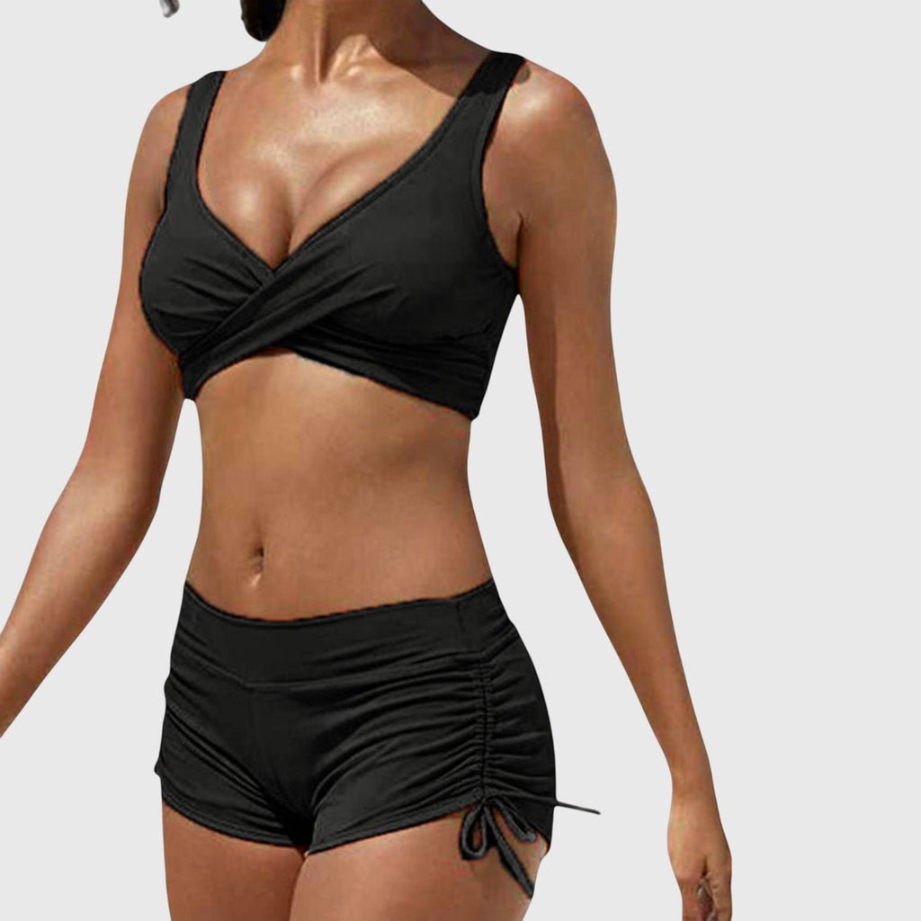 Maillot de Bain Deux Pièces Femme Camouflage Haut Croisé Short Froncé Plage Piscine - Hiverline