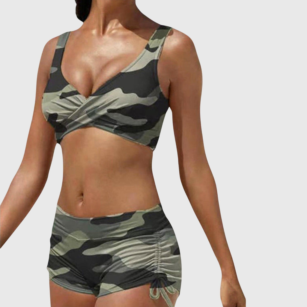 Maillot de Bain Deux Pièces Femme Camouflage Haut Croisé Short Froncé Plage Piscine - Hiverline