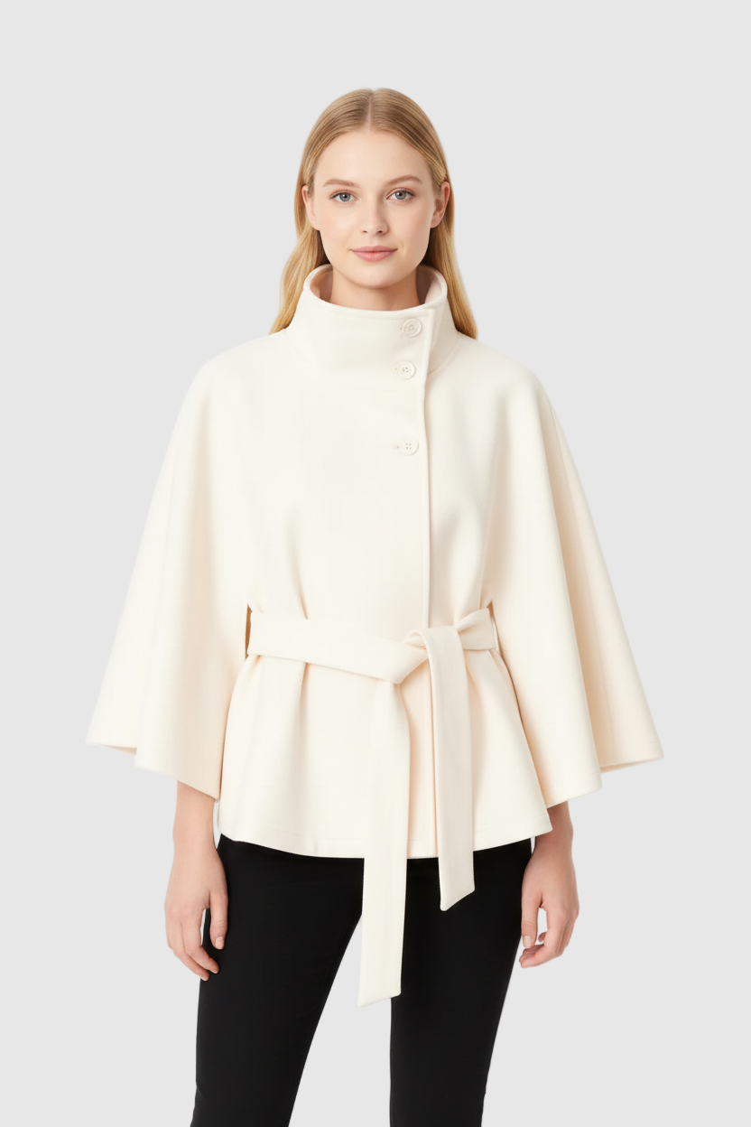 Manteau Cape Femme en Laine à Ceinture Col Montant Hiver - Hiverline