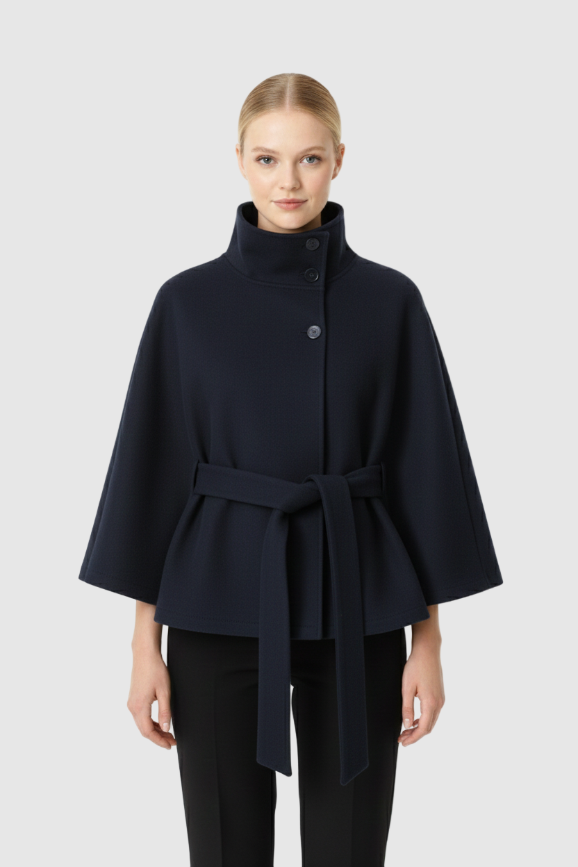 Manteau Cape Femme en Laine à Ceinture Col Montant Hiver - Hiverline