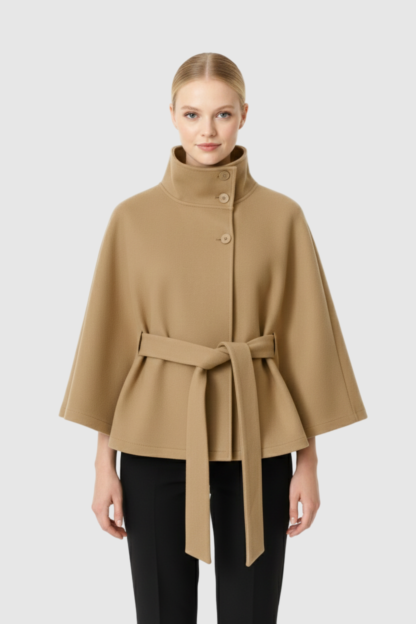 Manteau Cape Femme en Laine à Ceinture Col Montant Hiver - Hiverline