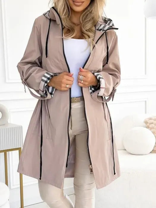 Manteau Femme à Capuche Intégrée Carreaux et Fermeture Éclair - Hiverline