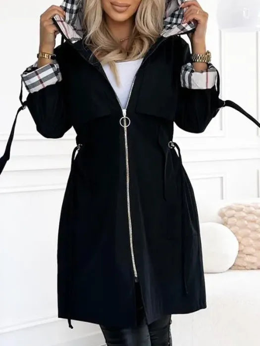 Manteau Femme à Capuche Intégrée Carreaux et Fermeture Éclair - Hiverline