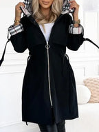 Manteau Femme à Capuche Intégrée Carreaux et Fermeture Éclair - Hiverline