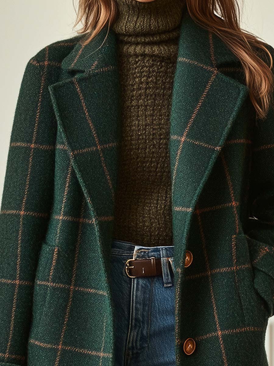 Manteau Femme à Carreaux Tweed Col Revers Long Hiver Chic Casual - Hiverline