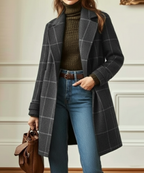 Manteau Femme à Carreaux Tweed Col Revers Long Hiver Chic Casual - Hiverline