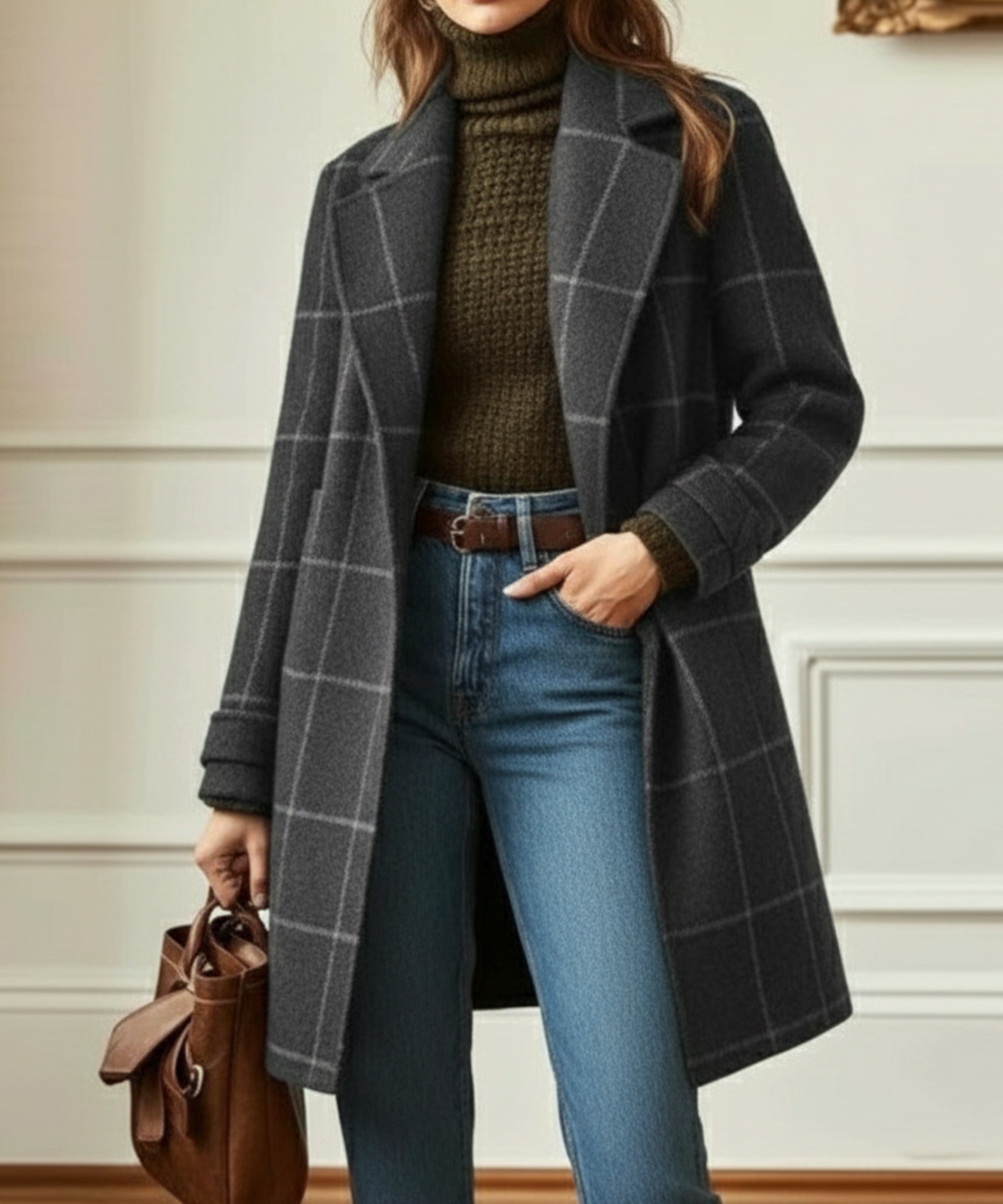 Manteau Femme à Carreaux Tweed Col Revers Long Hiver Chic Casual - Hiverline