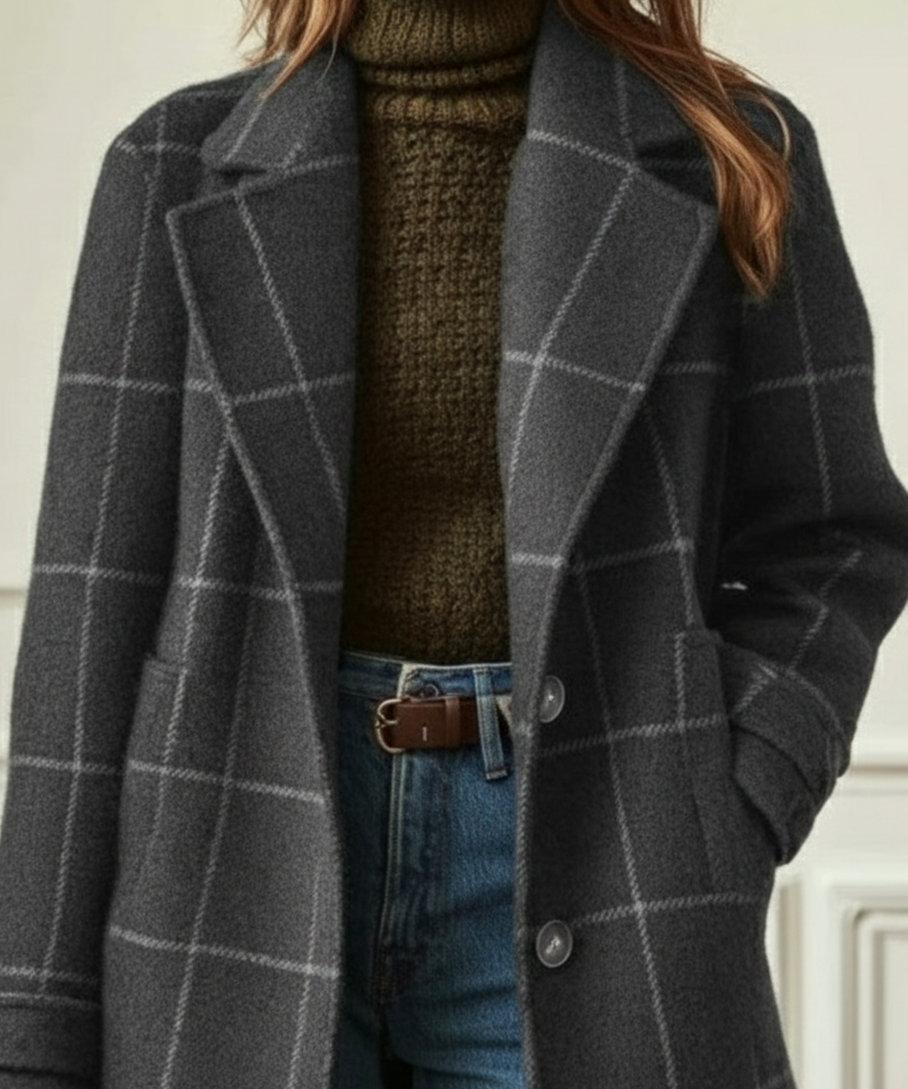 Manteau Femme à Carreaux Tweed Col Revers Long Hiver Chic Casual - Hiverline