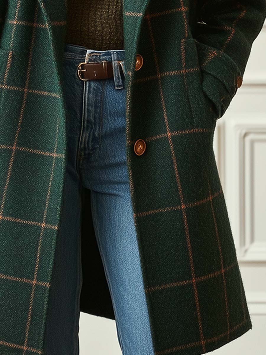 Manteau Femme à Carreaux Tweed Col Revers Long Hiver Chic Casual - Hiverline