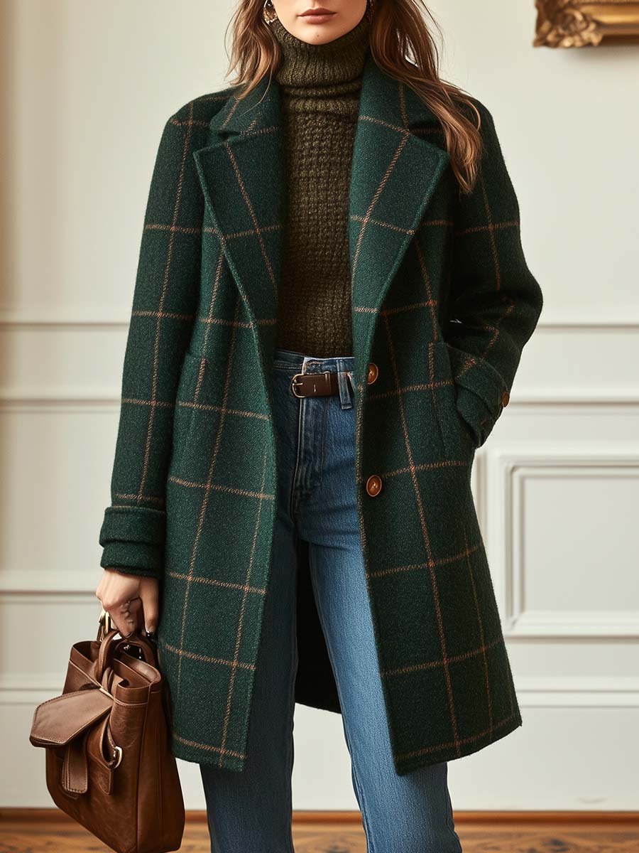 Manteau Femme à Carreaux Tweed Col Revers Long Hiver Chic Casual - Hiverline