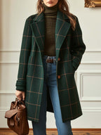 Manteau Femme à Carreaux Tweed Col Revers Long Hiver Chic Casual - Hiverline