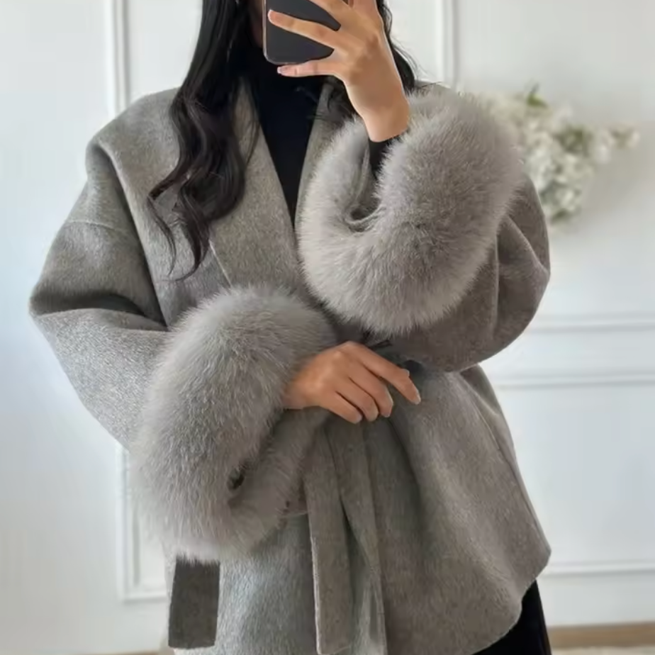 Manteau Femme Ceinturé Poignets Fourrure Laine Hiver Chaud Casual City - Hiverline